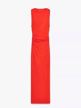 Zara Coral-Red Sleeveless Ruched Maxi Dress